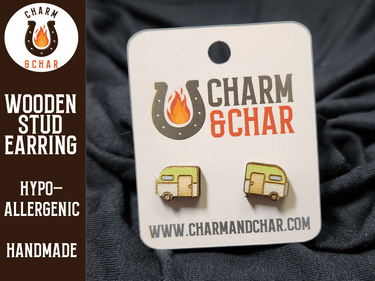 Camper Wood Stud Earrings - Camping Fashion Earring - Stud Earring - Charm and Char